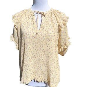 Yellow floral blouse top tie neck crinkle short ruffle sleeve S Robertson Rodeo